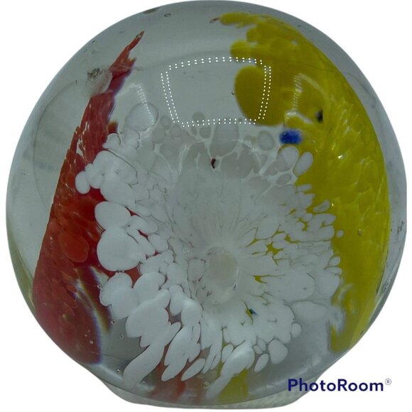 Handcrafted Vintage Glass Paperweight Intricate Yellow Red White Floral Design - Picture 2 of 4